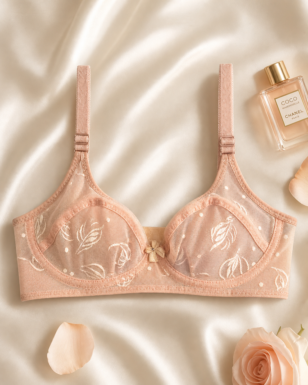 Peach Net embroidered Bra